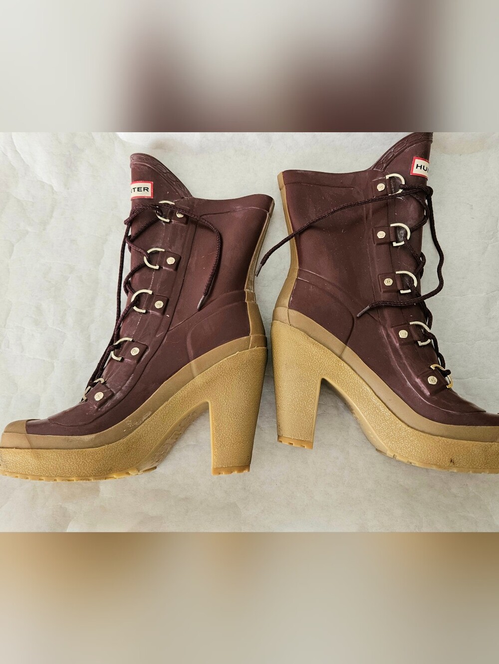 Hunter Boots Gabby Block Heel Lace-up In Merlot Burgundy Rare Vintage - Picture 4 of 8